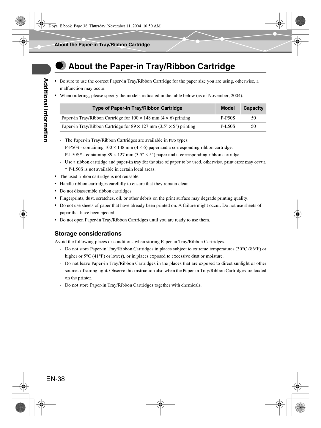 Olympus P-S100 user manual About the Paper-in Tray/Ribbon Cartridge, EN-38, Storage considerations 