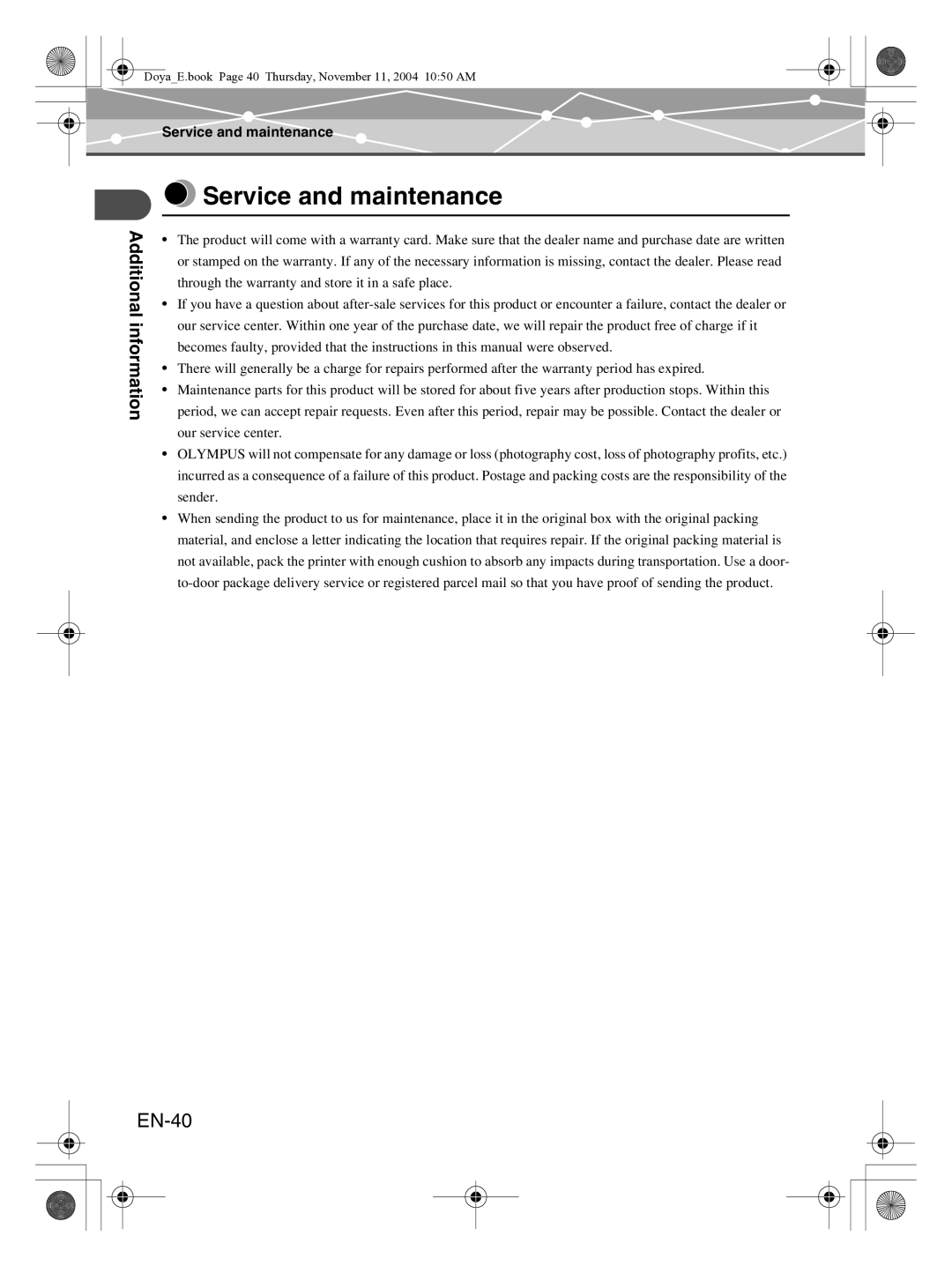 Olympus P-S100 user manual Service and maintenance, EN-40 