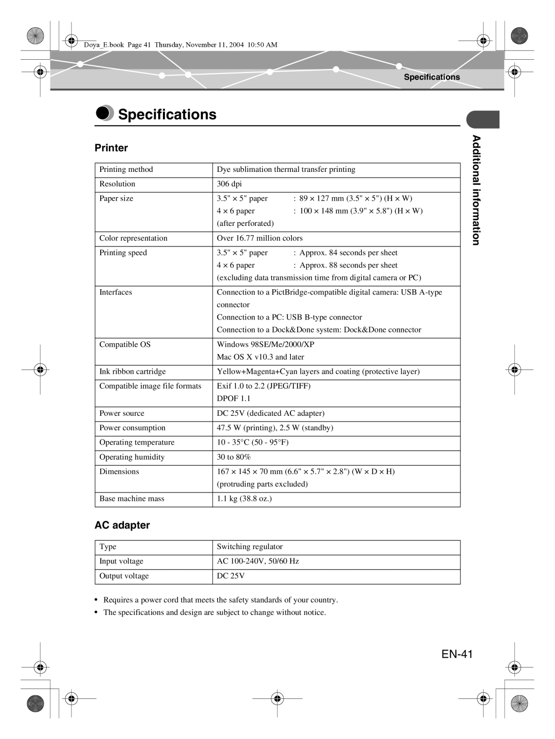 Olympus P-S100 user manual Specifications, EN-41, Printer, AC adapter 