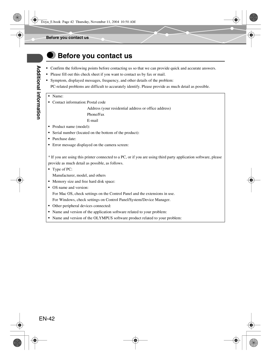 Olympus P-S100 user manual Before you contact us, EN-42 