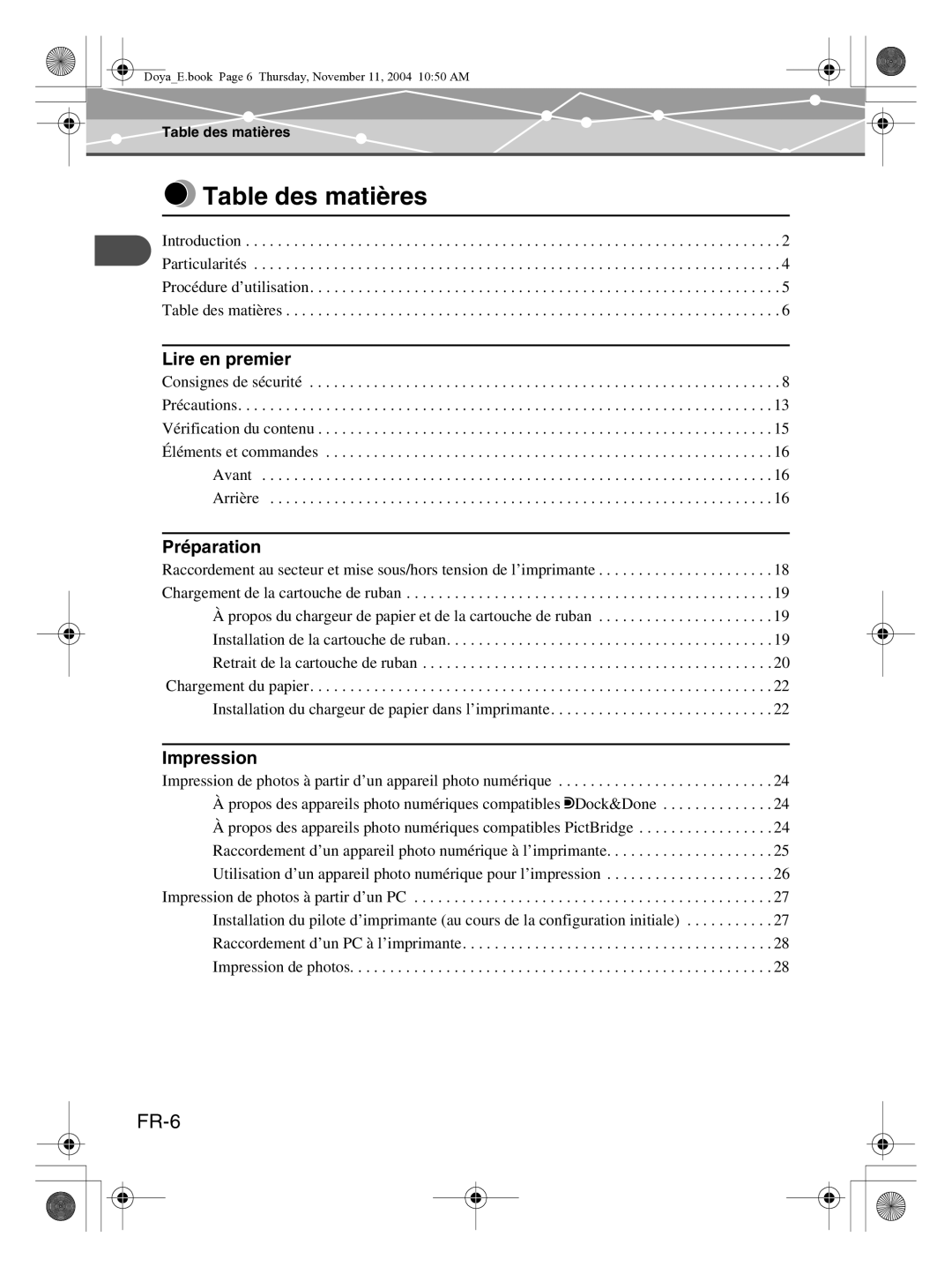 Olympus P-S100 user manual Table des matières, FR-6, Lire en premier, Préparation, Impression 