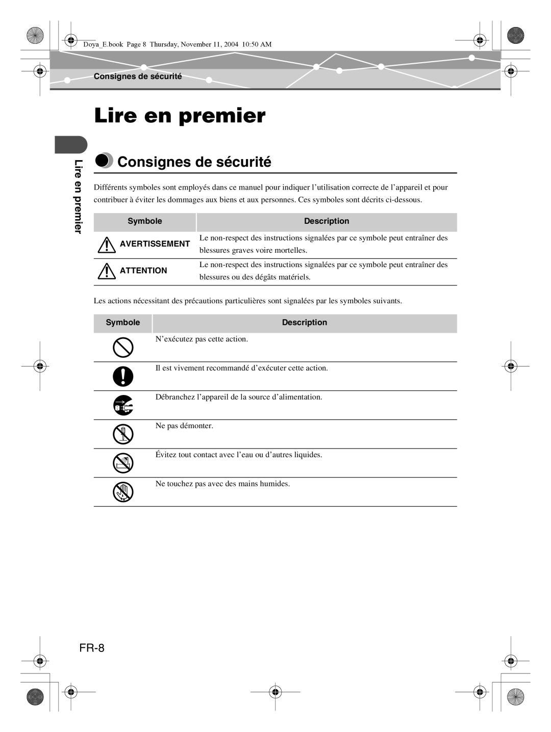 Olympus P-S100 user manual Lire en premier, Consignes de sécurité, FR-8, Symbole Description 