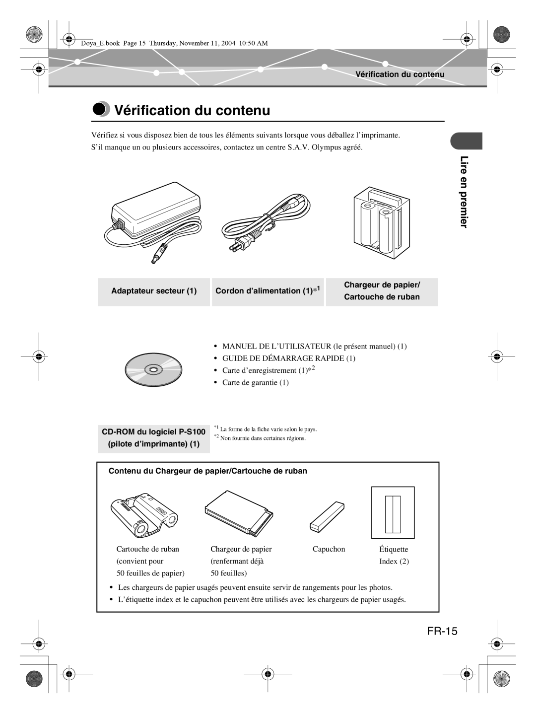 Olympus P-S100 user manual Vérification du contenu, FR-15, Contenu du Chargeur de papier/Cartouche de ruban 