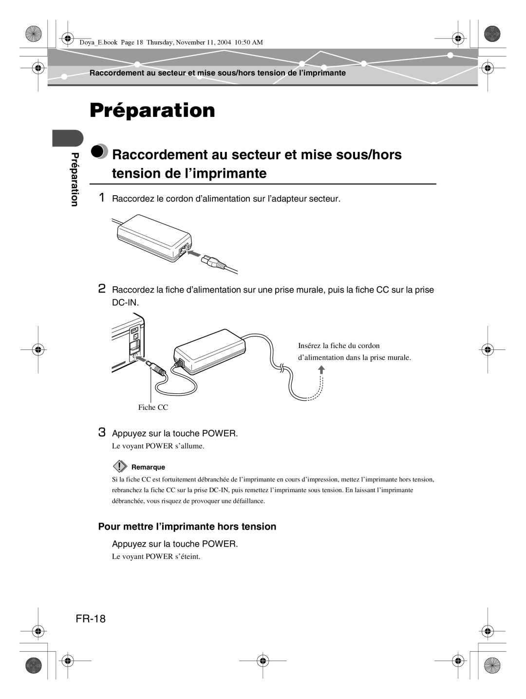 Olympus P-S100 user manual Préparation, FR-18, Pour mettre l’imprimante hors tension 