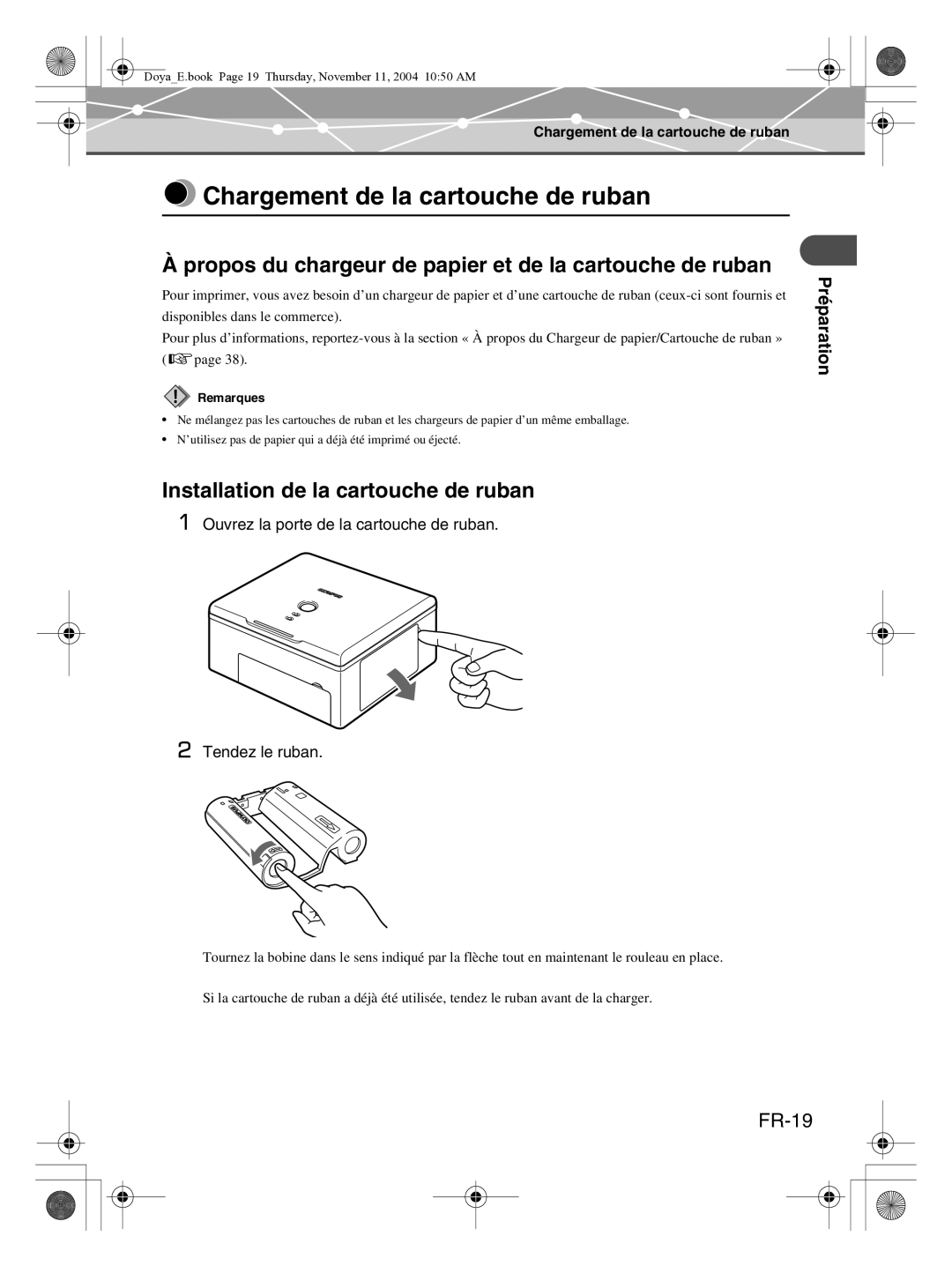 Olympus P-S100 Chargement de la cartouche de ruban, Propos du chargeur de papier et de la cartouche de ruban, FR-19 