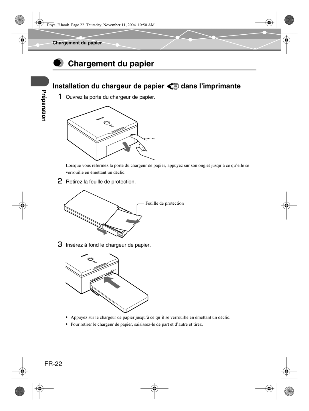 Olympus P-S100 user manual Chargement du papier, Installation du chargeur de papier dans l’imprimante, FR-22 