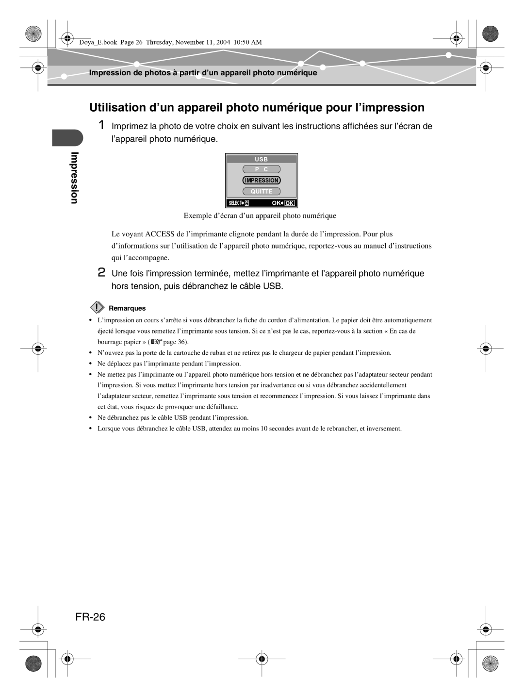 Olympus P-S100 user manual Utilisation d’un appareil photo numérique pour l’impression, FR-26 