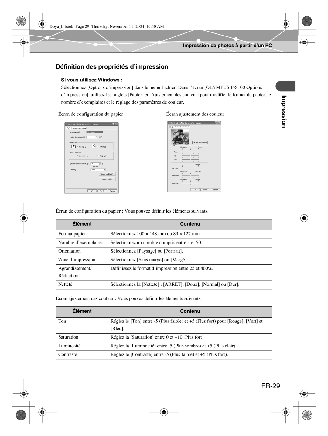 Olympus P-S100 user manual FR-29, Définition des propriétés d’impression, Si vous utilisez Windows, Élément Contenu 