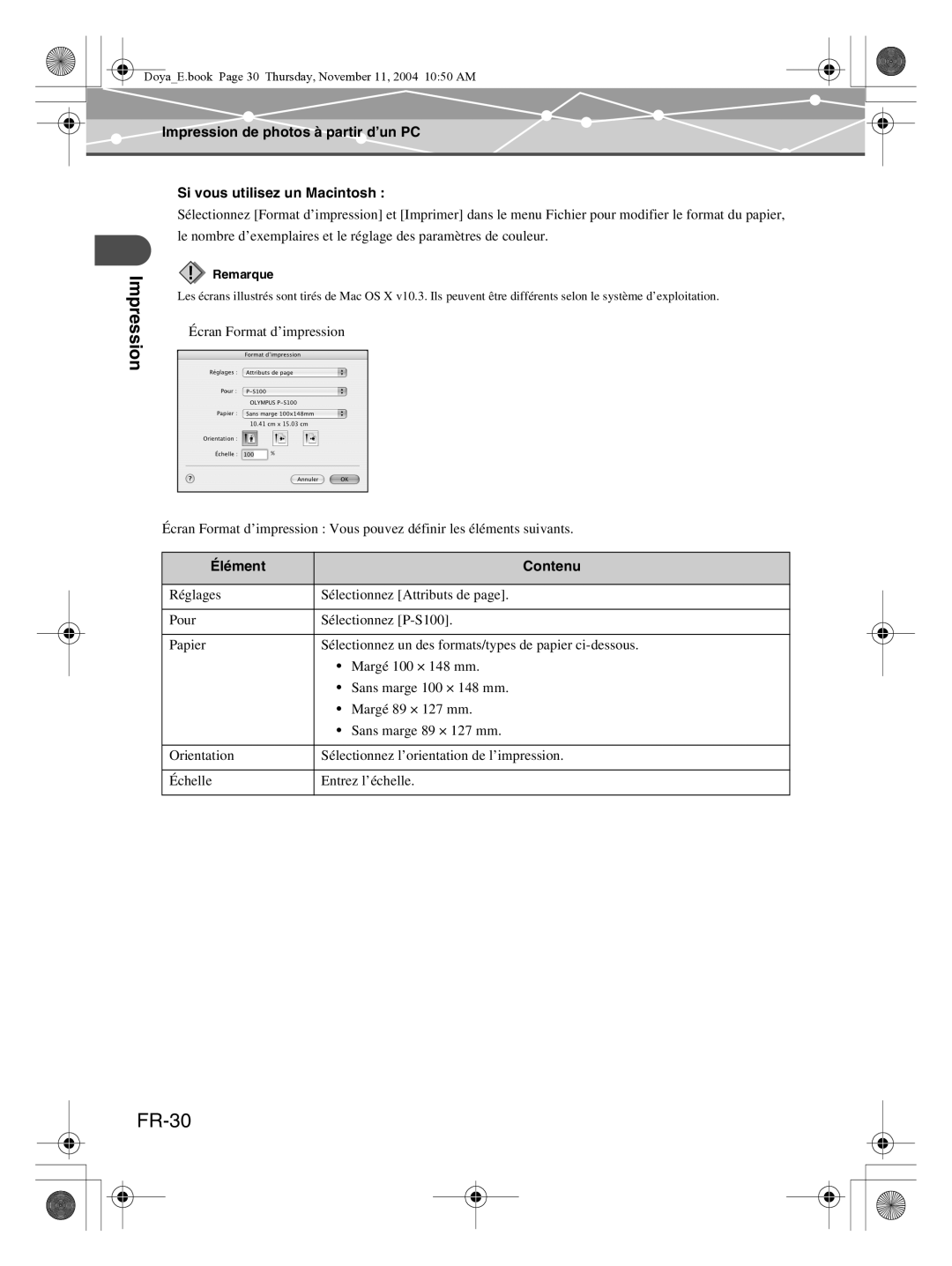 Olympus P-S100 user manual FR-30, Si vous utilisez un Macintosh 