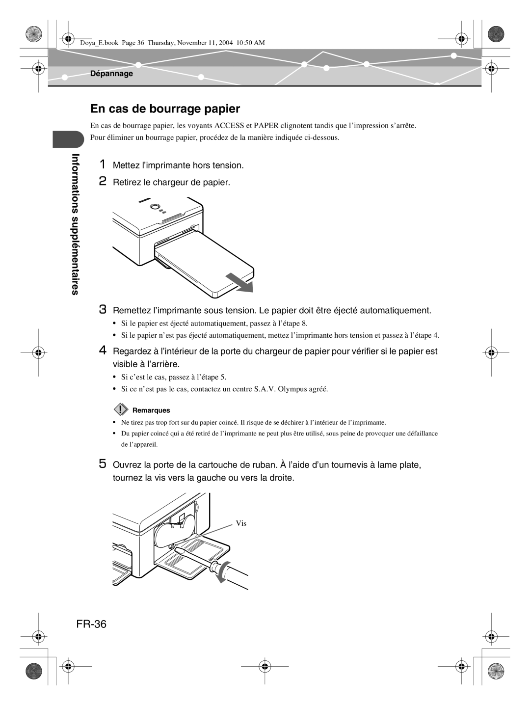 Olympus P-S100 user manual En cas de bourrage papier, FR-36 