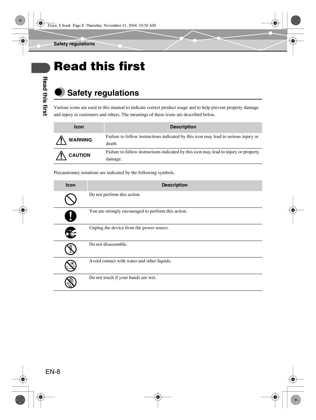 Olympus P-S100 user manual Read this first, Safety regulations, EN-8, Icon Description 