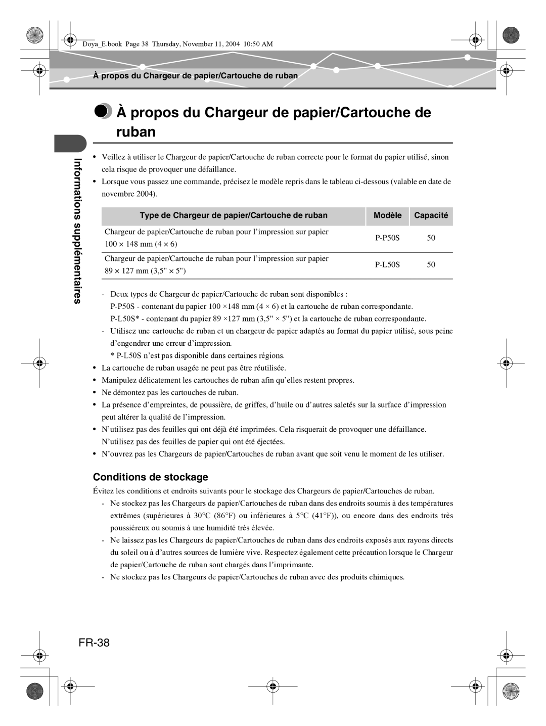 Olympus P-S100 user manual Propos du Chargeur de papier/Cartouche de ruban, FR-38, Conditions de stockage 