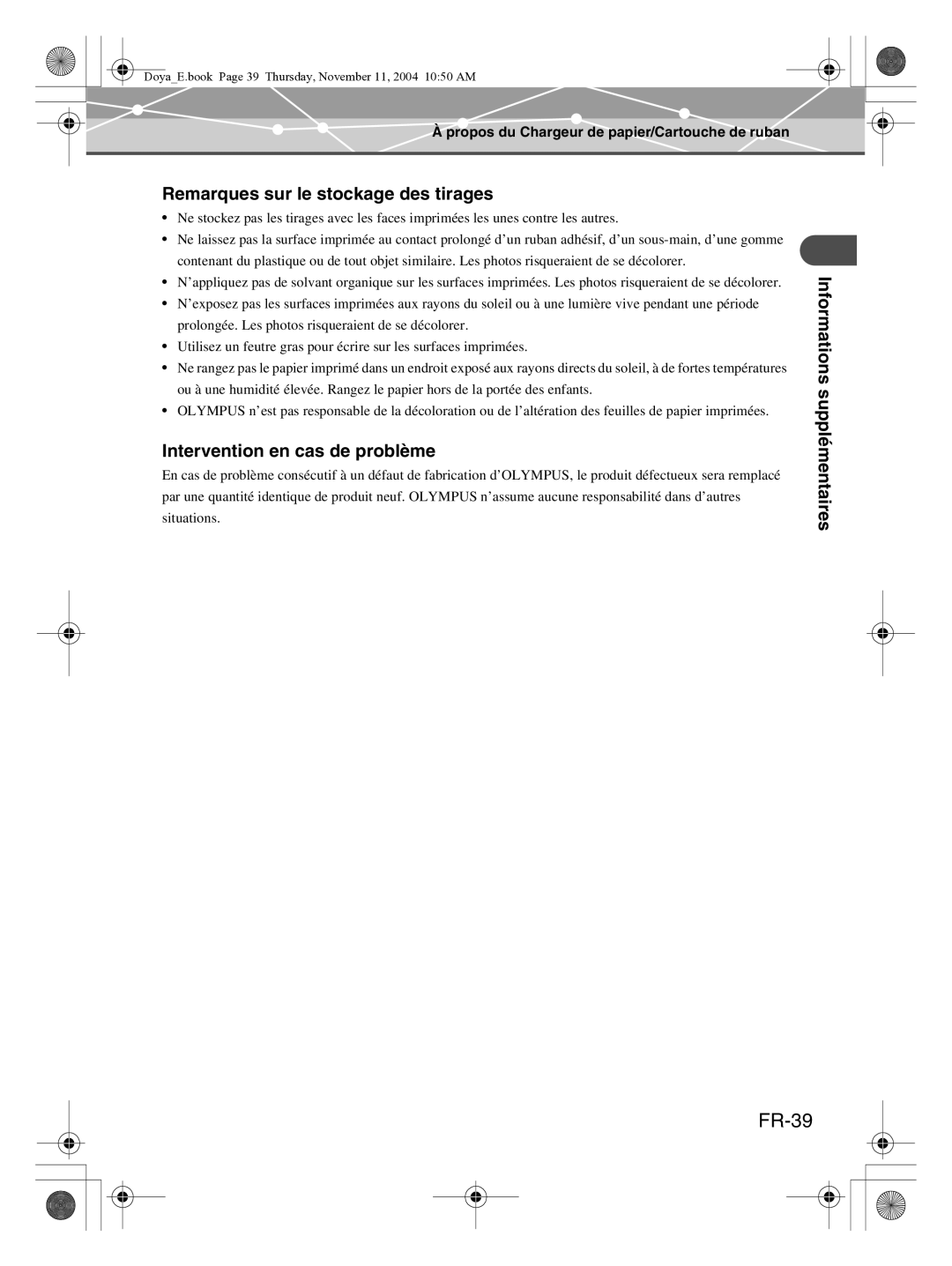 Olympus P-S100 user manual FR-39, Remarques sur le stockage des tirages, Intervention en cas de problème 