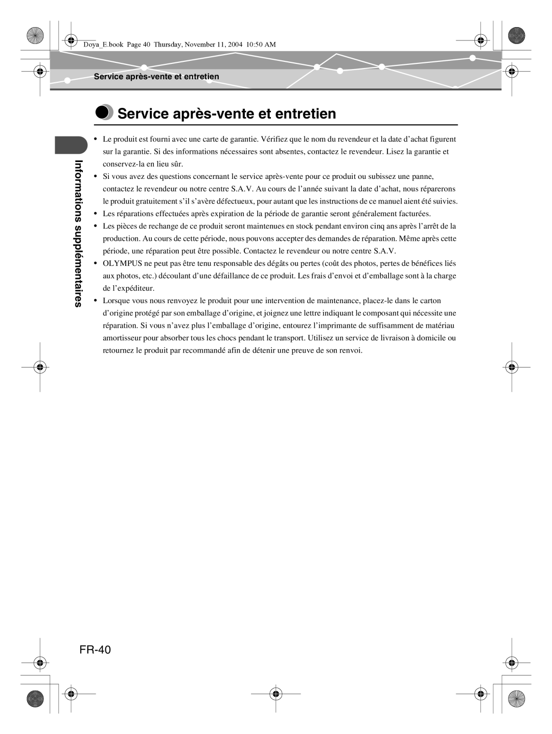 Olympus P-S100 user manual Service après-vente et entretien, FR-40 