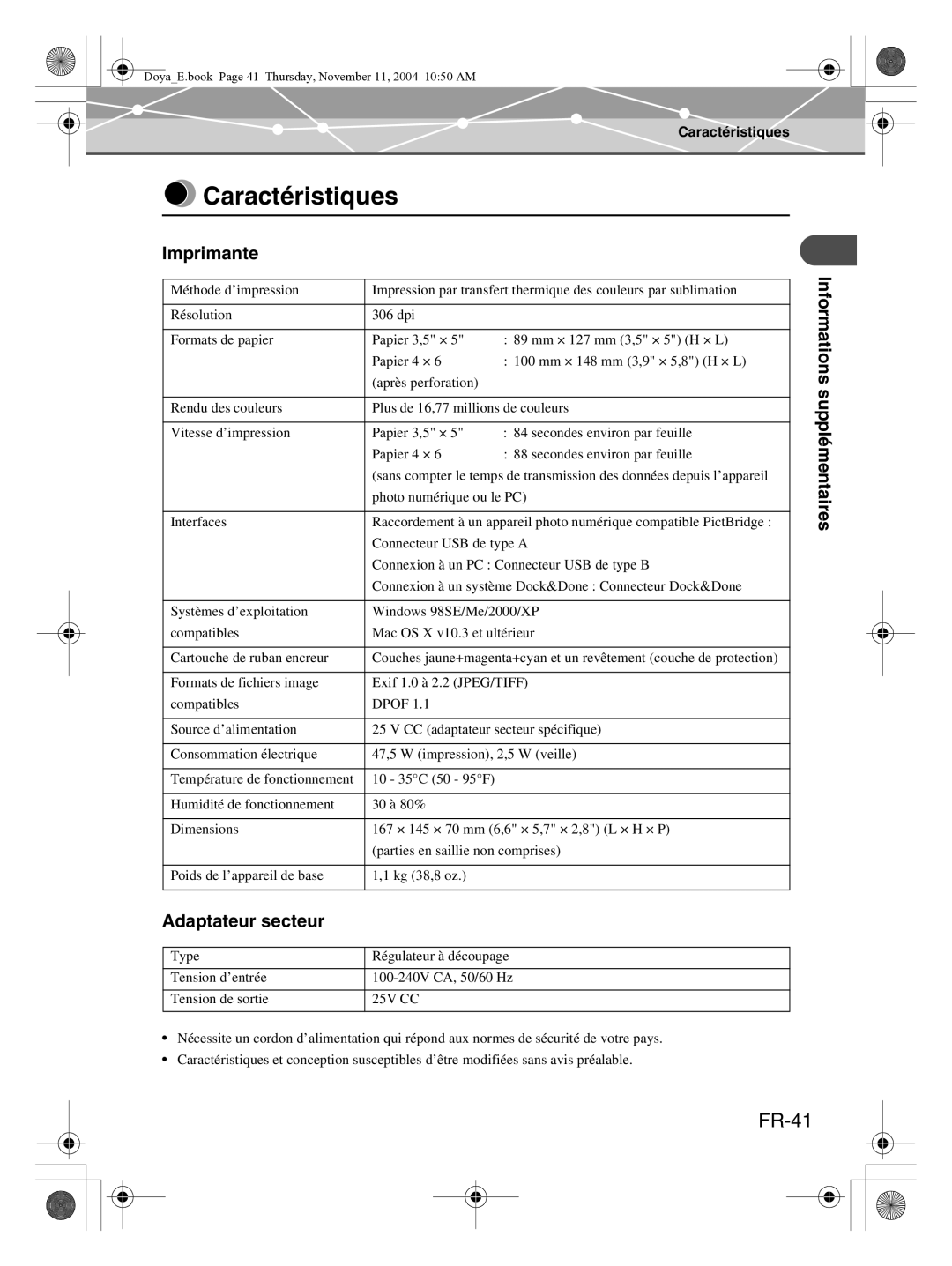 Olympus P-S100 user manual Caractéristiques, FR-41, Imprimante, Adaptateur secteur 