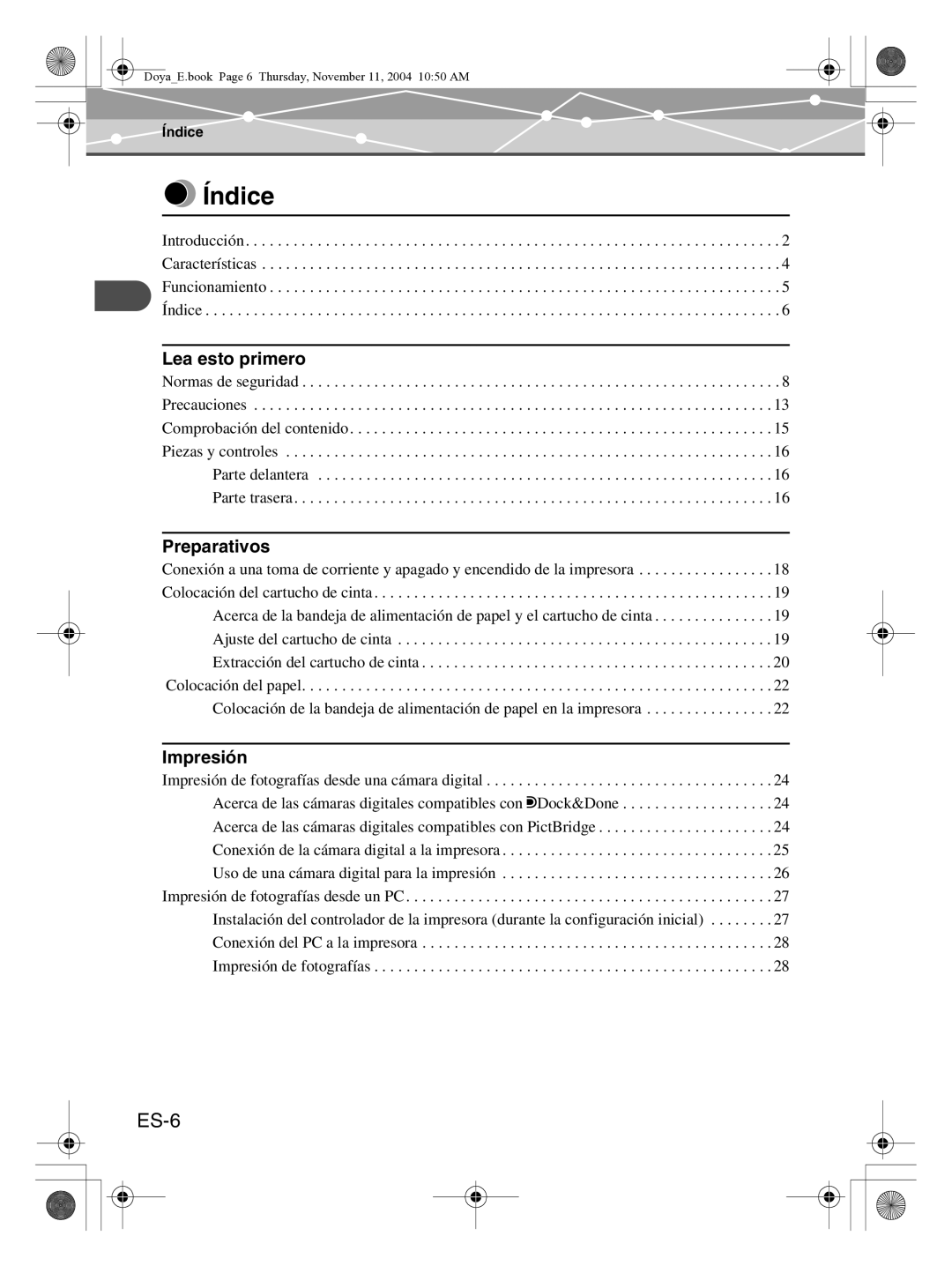 Olympus P-S100 user manual Índice, ES-6, Lea esto primero, Preparativos, Impresión 