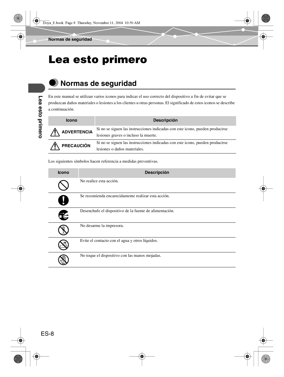 Olympus P-S100 user manual Lea esto primero, Normas de seguridad, ES-8, Icono Descripción 