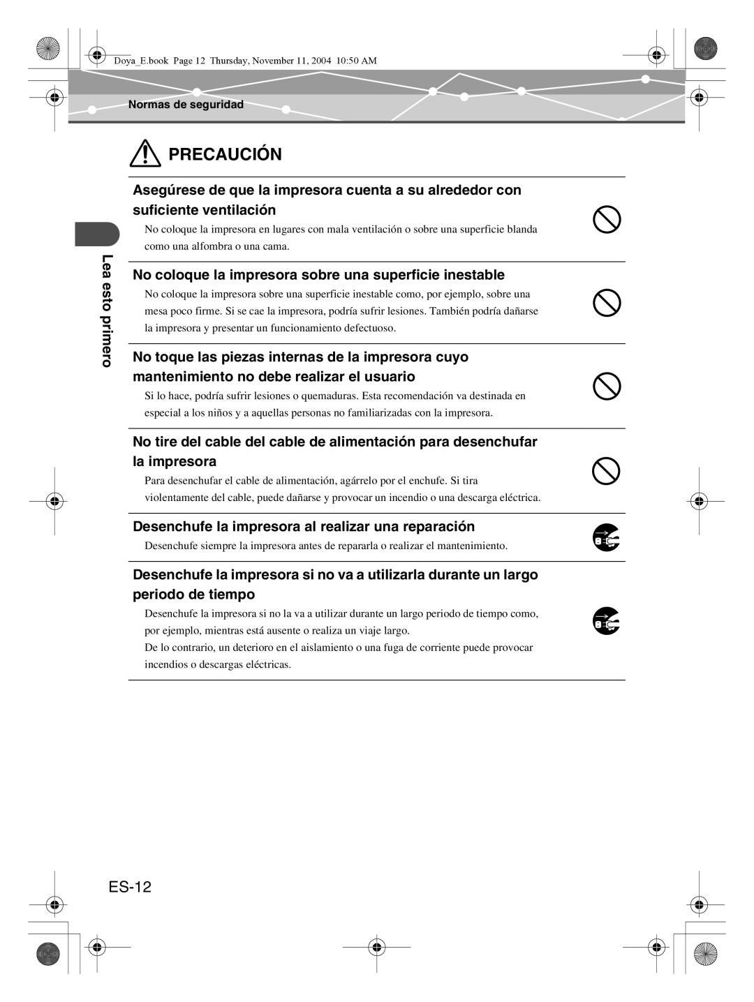 Olympus P-S100 user manual ES-12, No coloque la impresora sobre una superficie inestable 