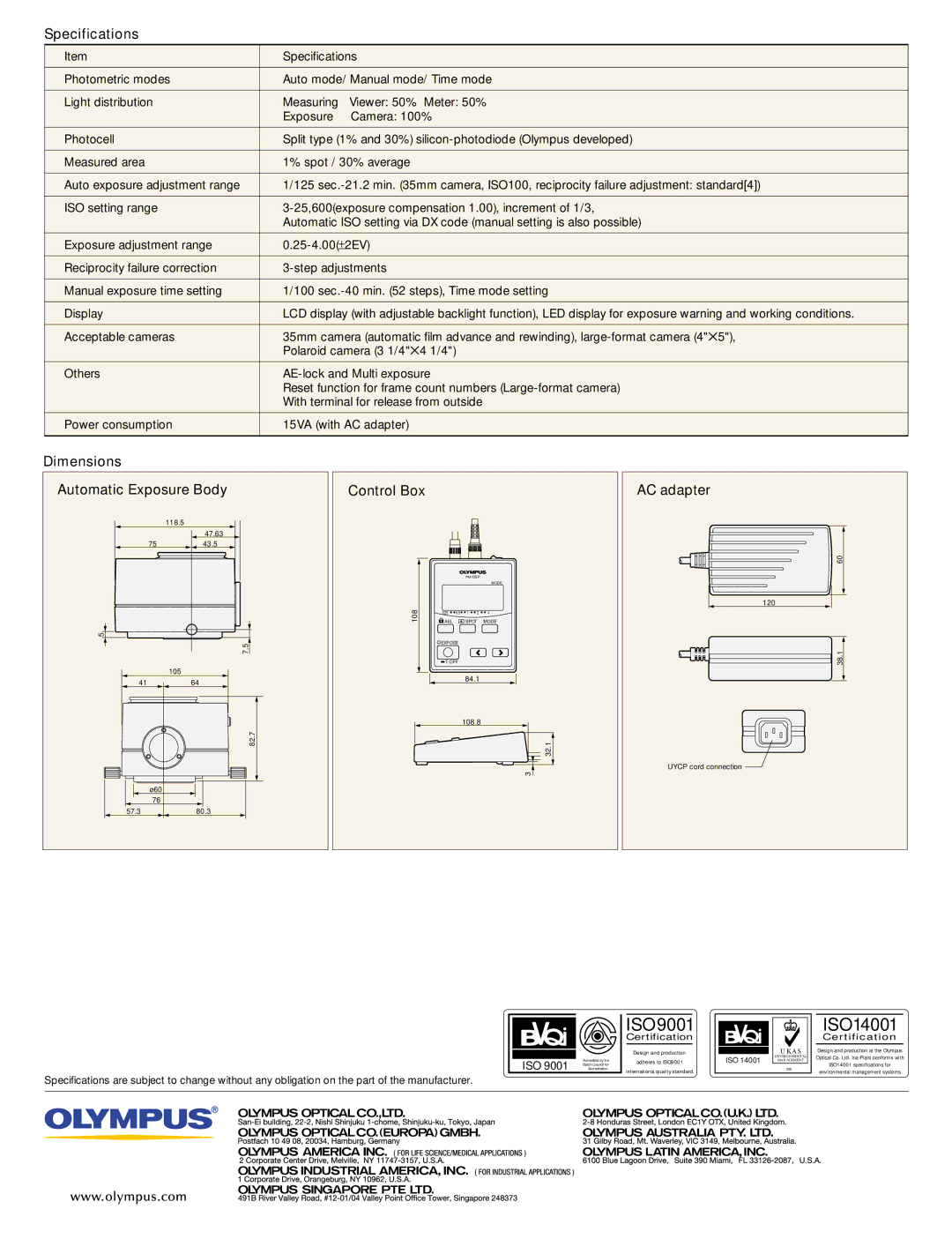 Olympus PM10SP manual ISO9001 ISO14001 