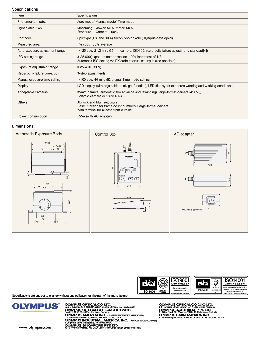 Olympus PM10SP manual Specifications, Dimensions, ISO9001, ISO14001 