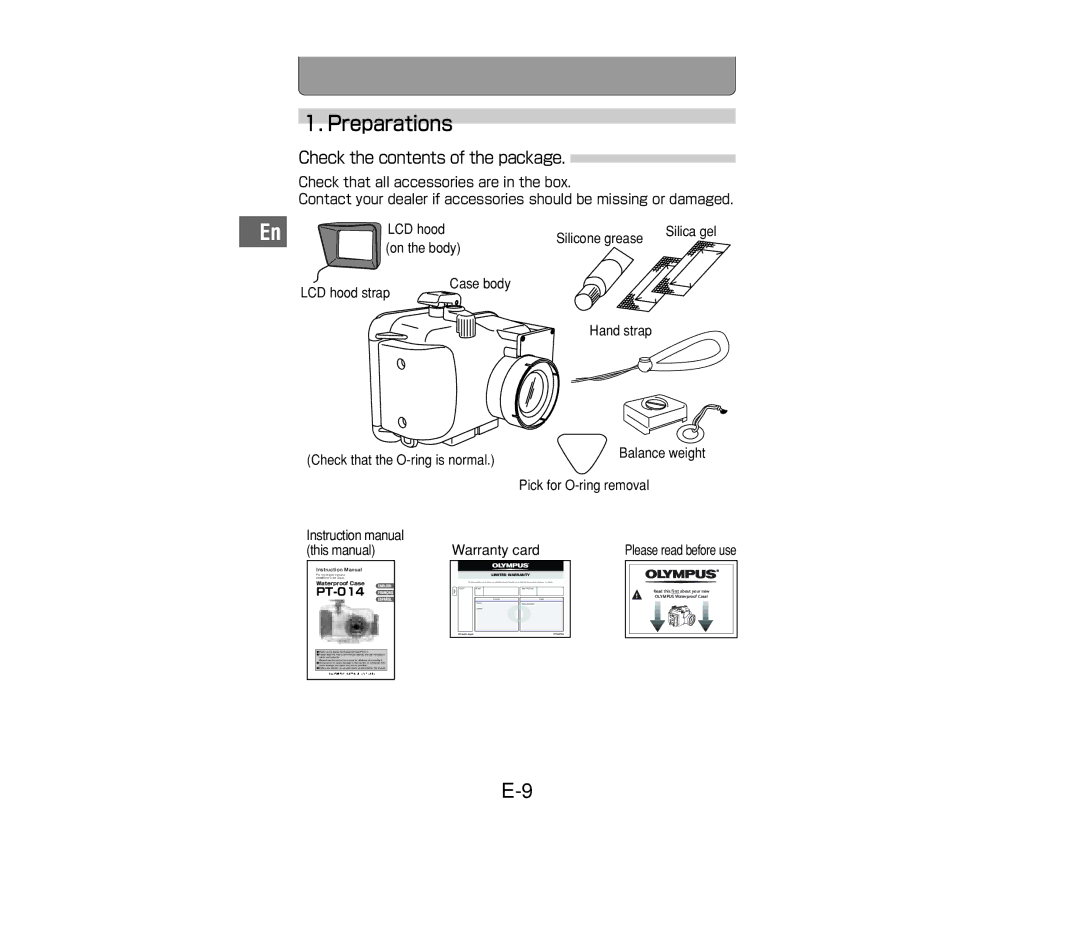 Olympus PT-014 manual Preparations, Check the contents of the package 