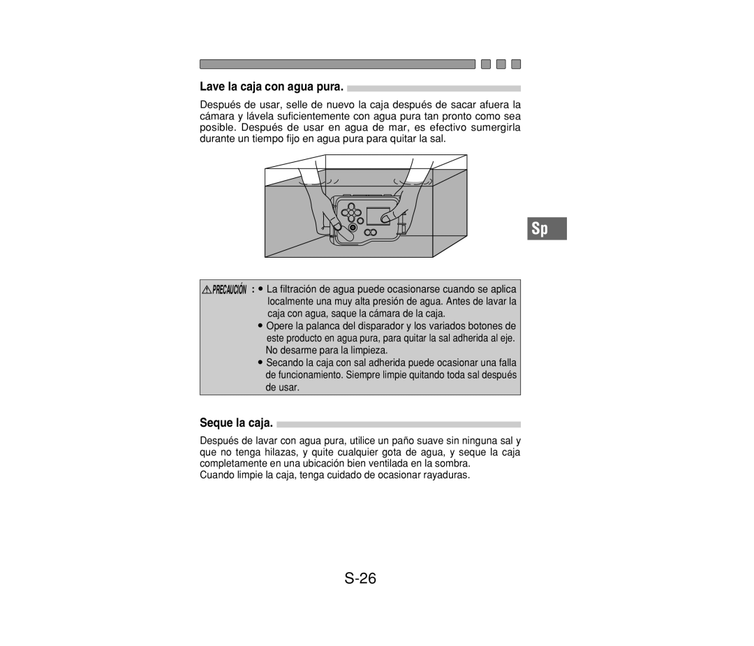 Olympus PT-014 Lave la caja con agua pura, Seque la caja, Cuando limpie la caja, tenga cuidado de ocasionar rayaduras 