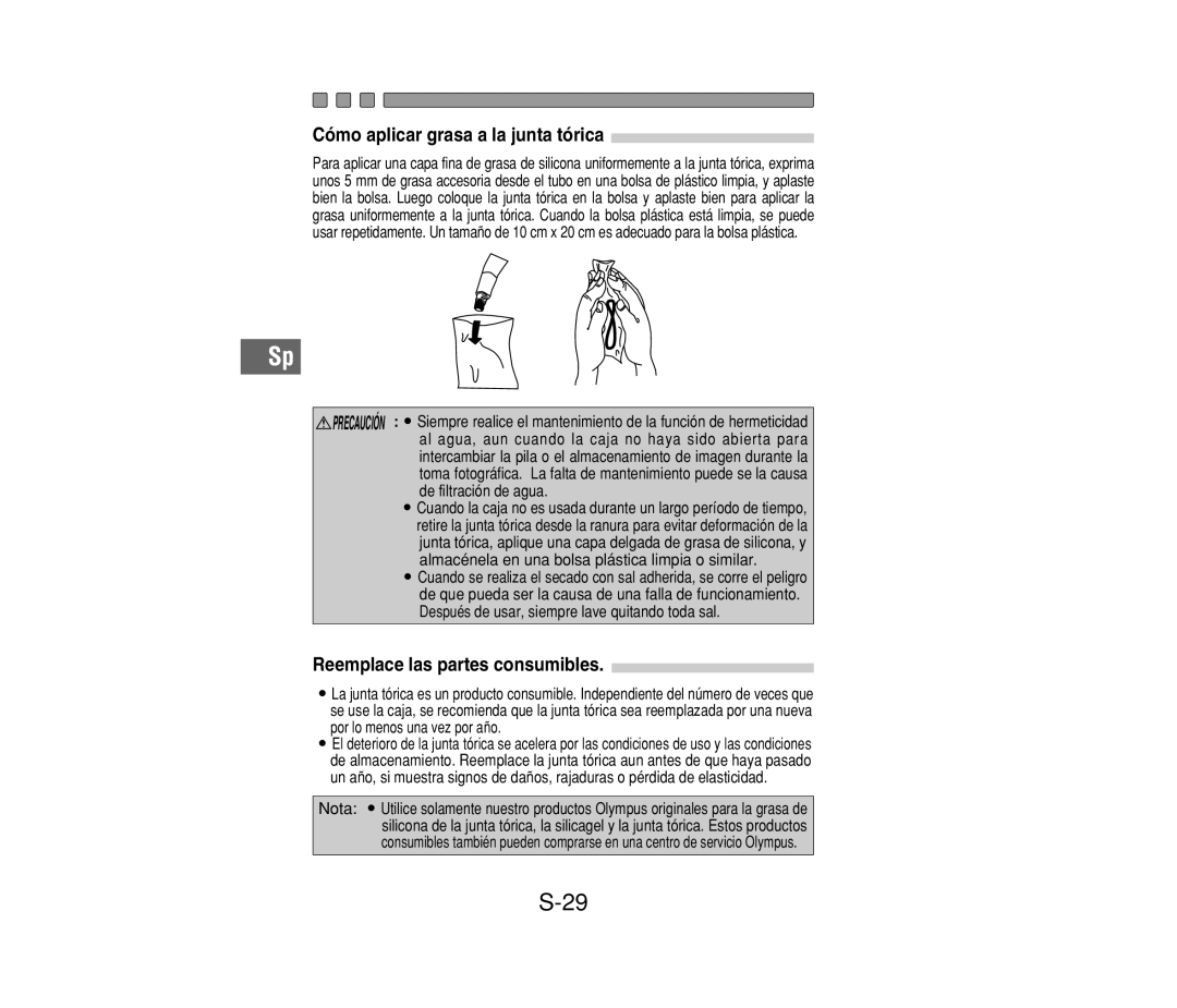 Olympus PT-014 manual Cómo aplicar grasa a la junta tórica, Reemplace las partes consumibles 