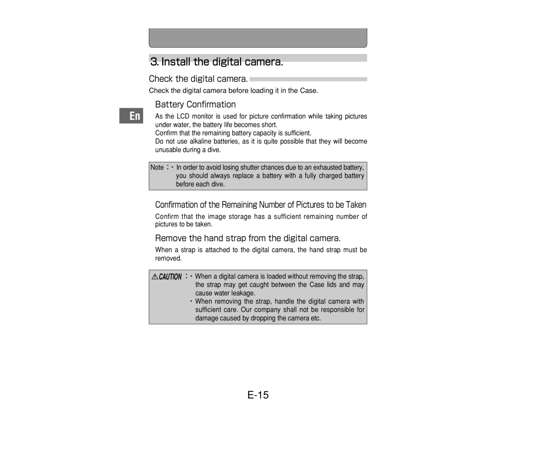 Olympus PT-014 manual Check the digital camera, Battery Confirmation, Remove the hand strap from the digital camera 