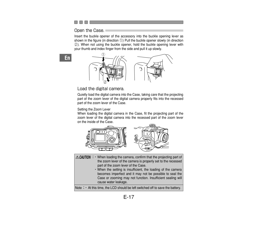 Olympus PT-014 manual Open the Case, Load the digital camera 