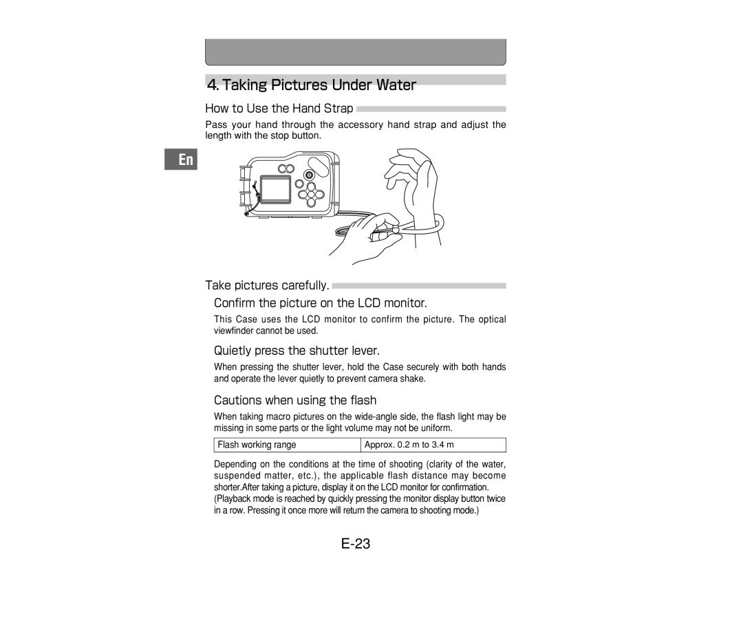 Olympus PT-014 manual How to Use the Hand Strap, Quietly press the shutter lever 