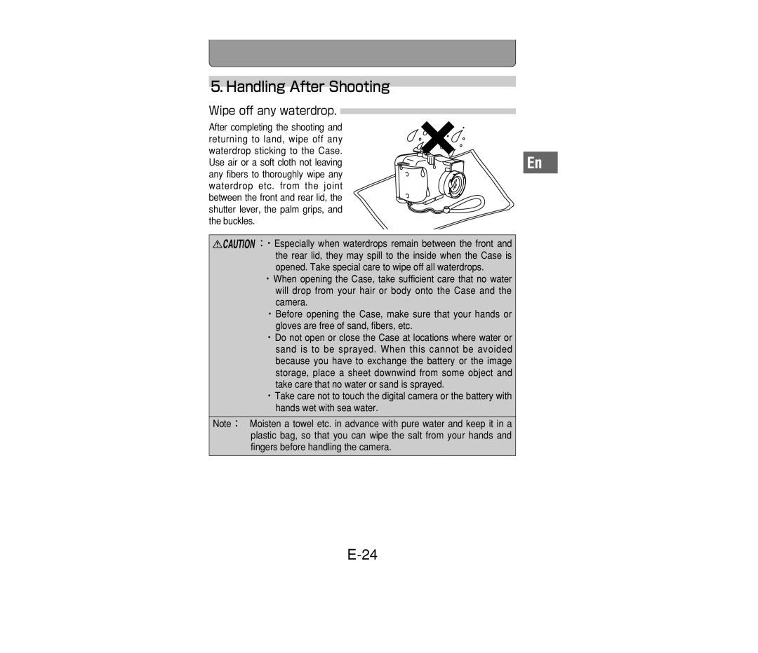 Olympus PT-014 manual Handling After Shooting, Wipe off any waterdrop 