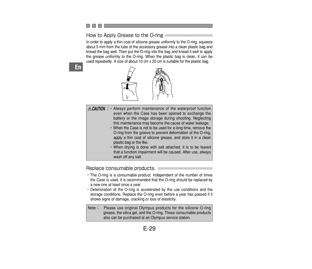 Olympus PT-014 manual How to Apply Grease to the O-ring, Replace consumable products 