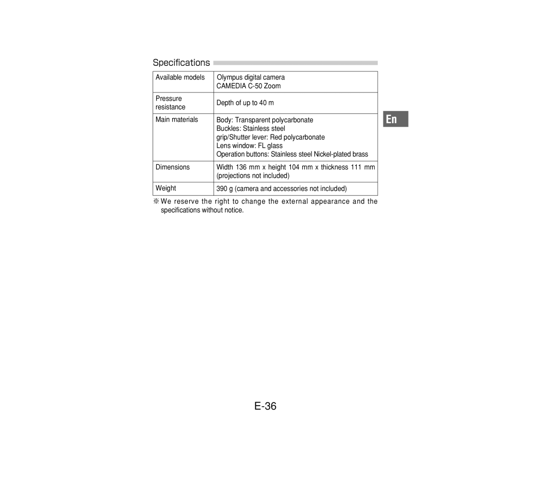 Olympus PT-014 manual Specifications 