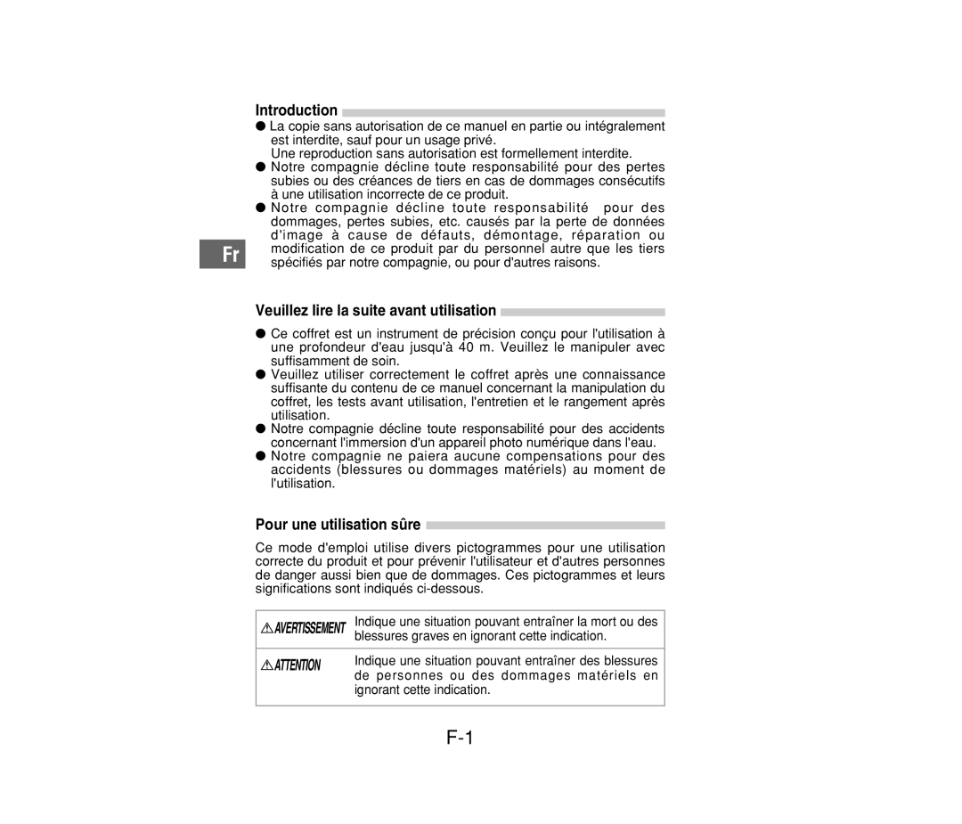 Olympus PT-014 manual Introduction, Veuillez lire la suite avant utilisation, Pour une utilisation sûre 