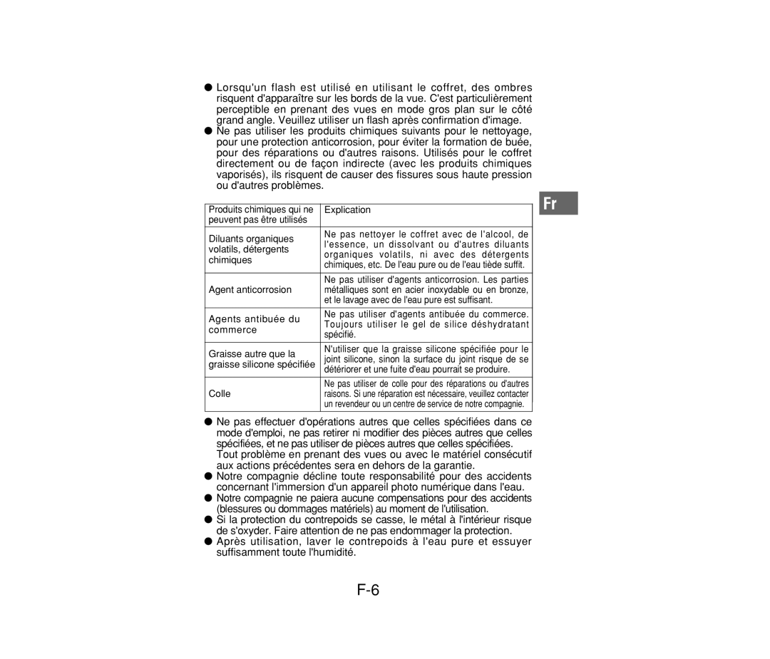 Olympus PT-014 manual Des détergents, Chimiques, Agent anticorrosion, Et le lavage avec de leau pure est suffisant, Colle 