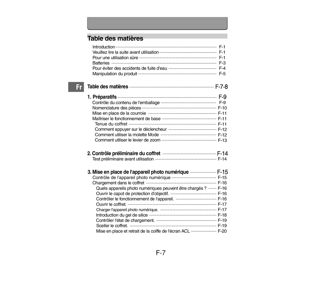 Olympus PT-014 manual Table des matières, Nomenclature des pièces 