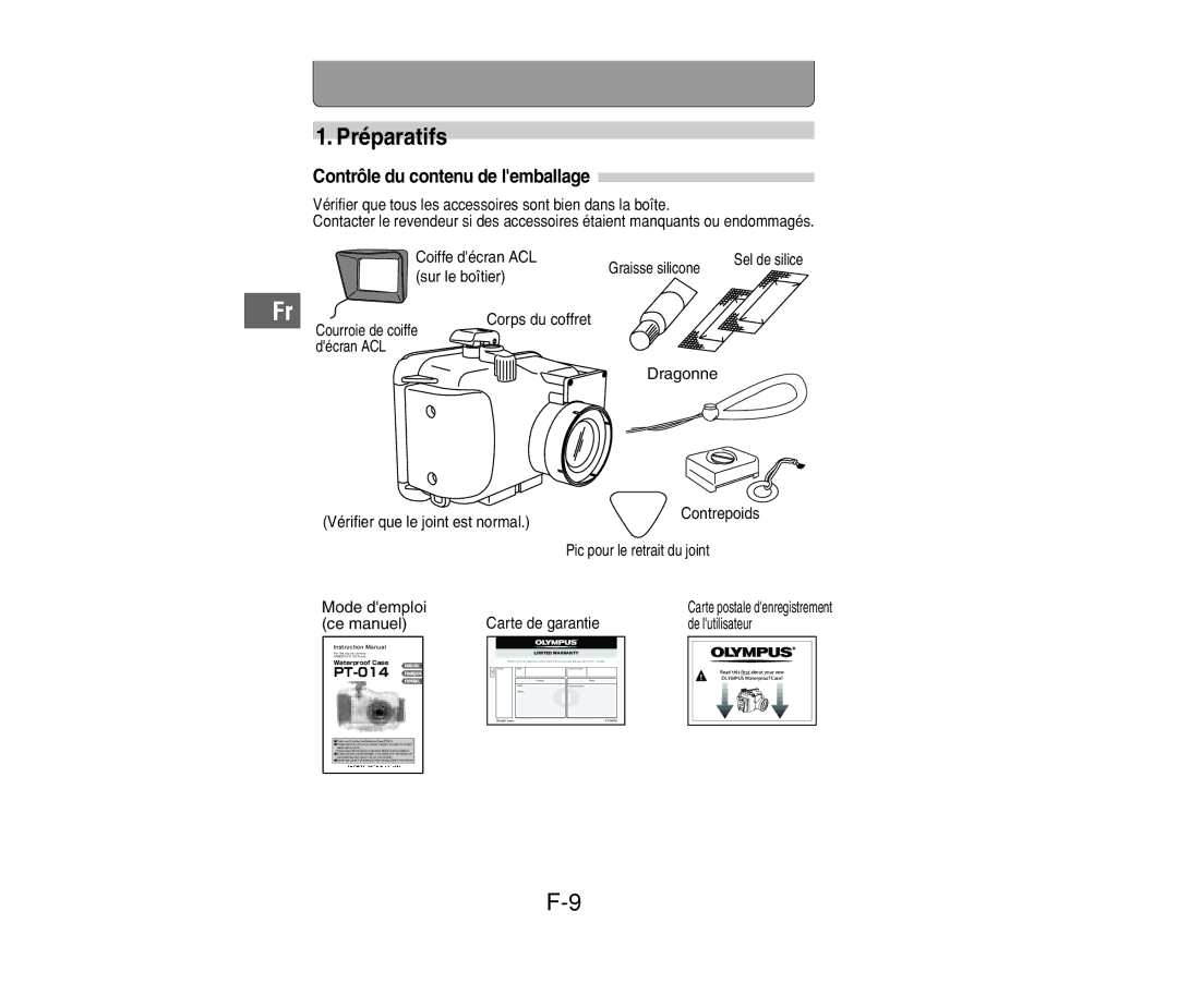 Olympus PT-014 manual Préparatifs, Contrôle du contenu de lemballage 