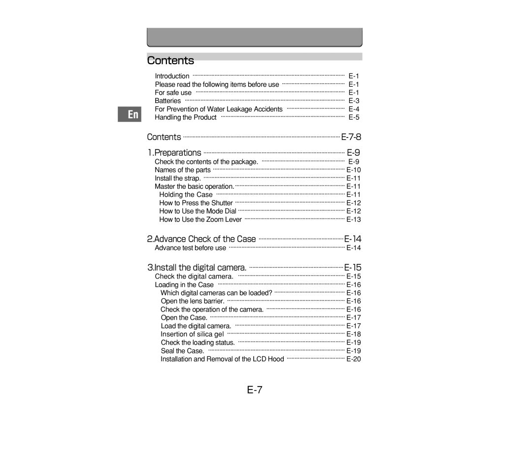 Olympus PT-014 manual Contents 