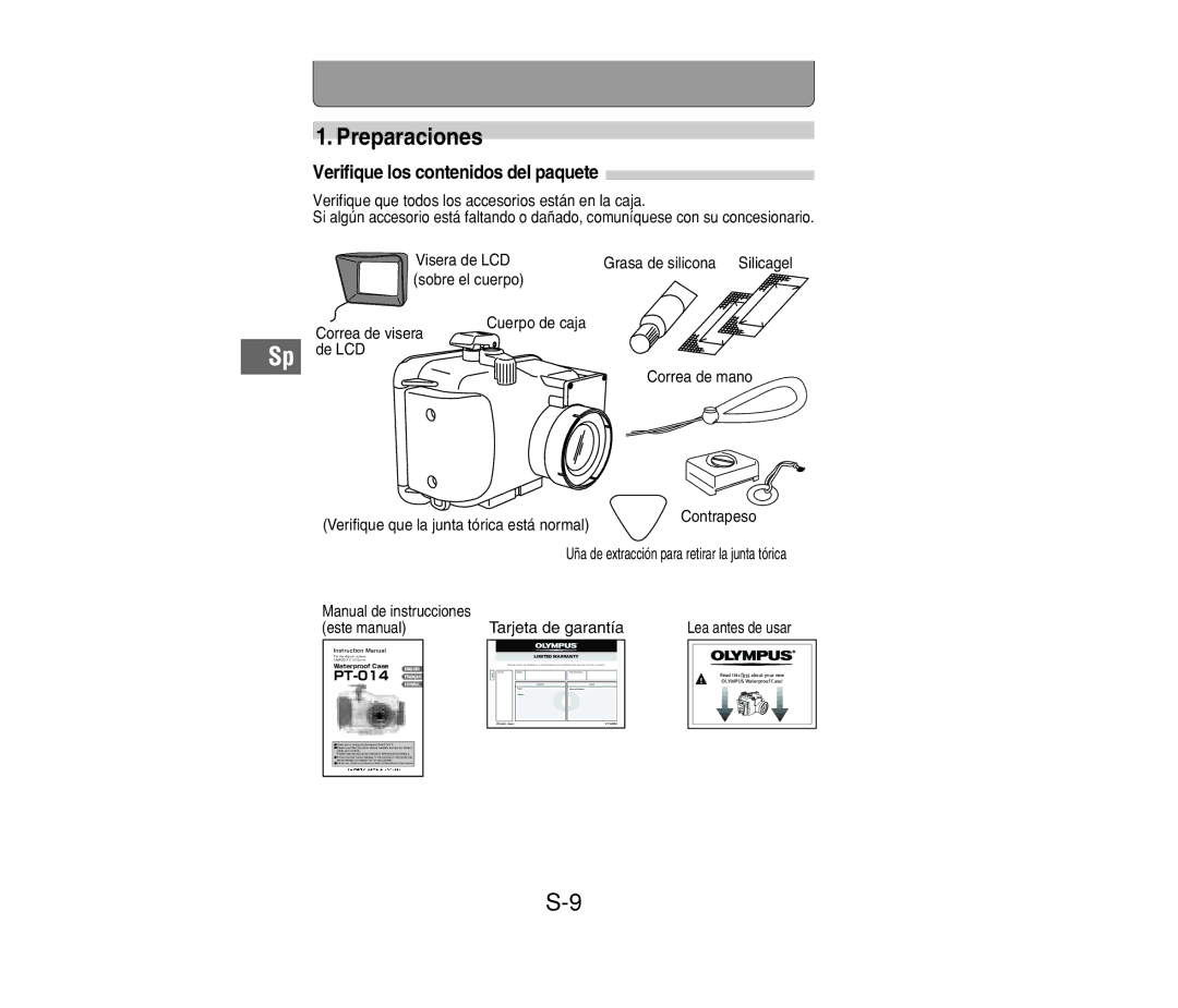 Olympus PT-014 manual Preparaciones, Verifique los contenidos del paquete 