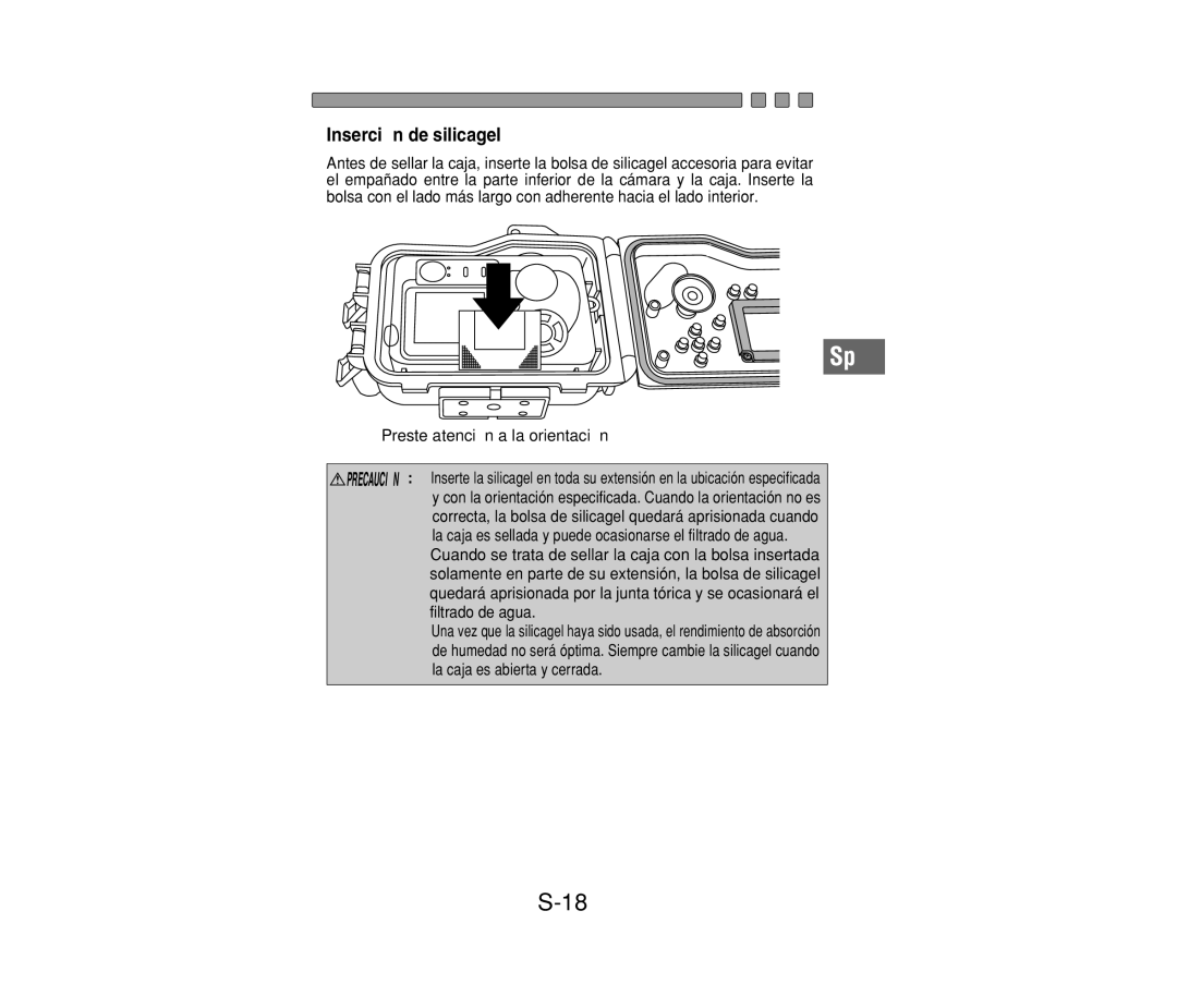 Olympus PT-014 manual Inserción de silicagel, Preste atención a la orientación 