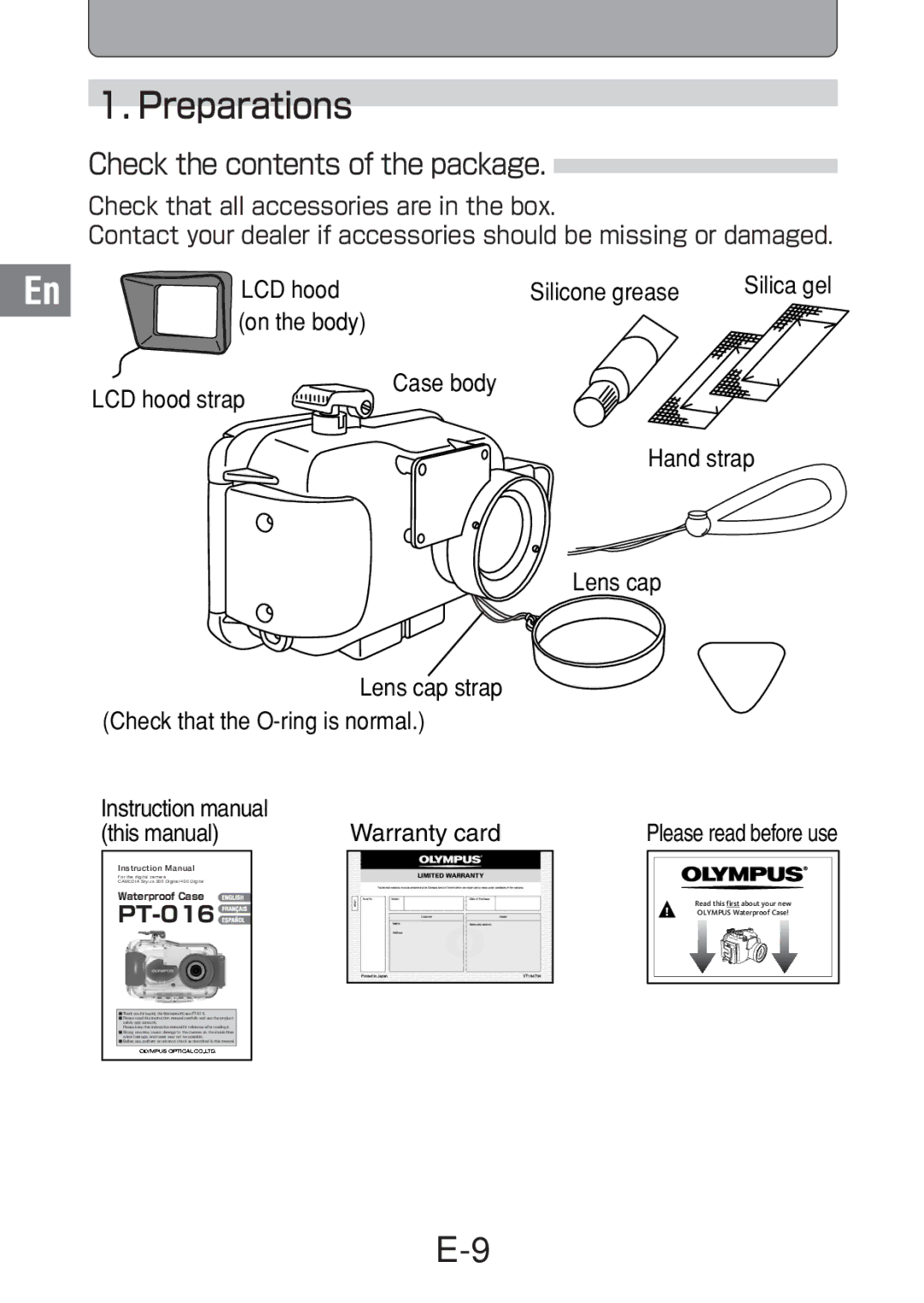 Olympus PT-016 manual Preparations, Check the contents of the package 