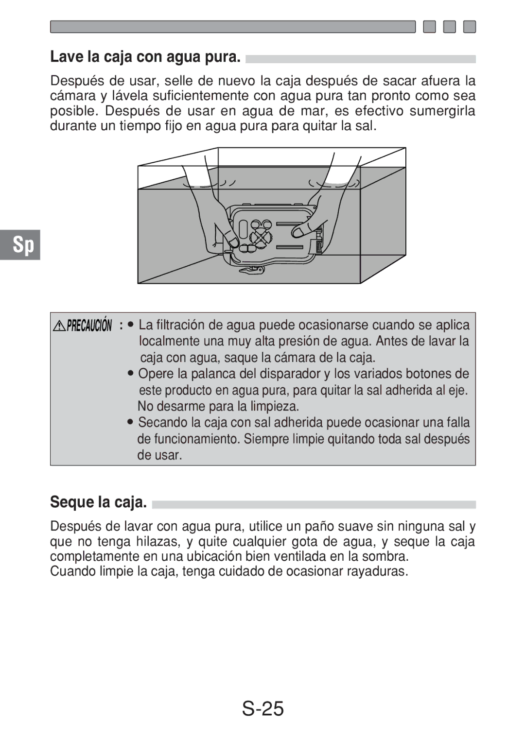 Olympus PT-016 Lave la caja con agua pura, Seque la caja, Cuando limpie la caja, tenga cuidado de ocasionar rayaduras 