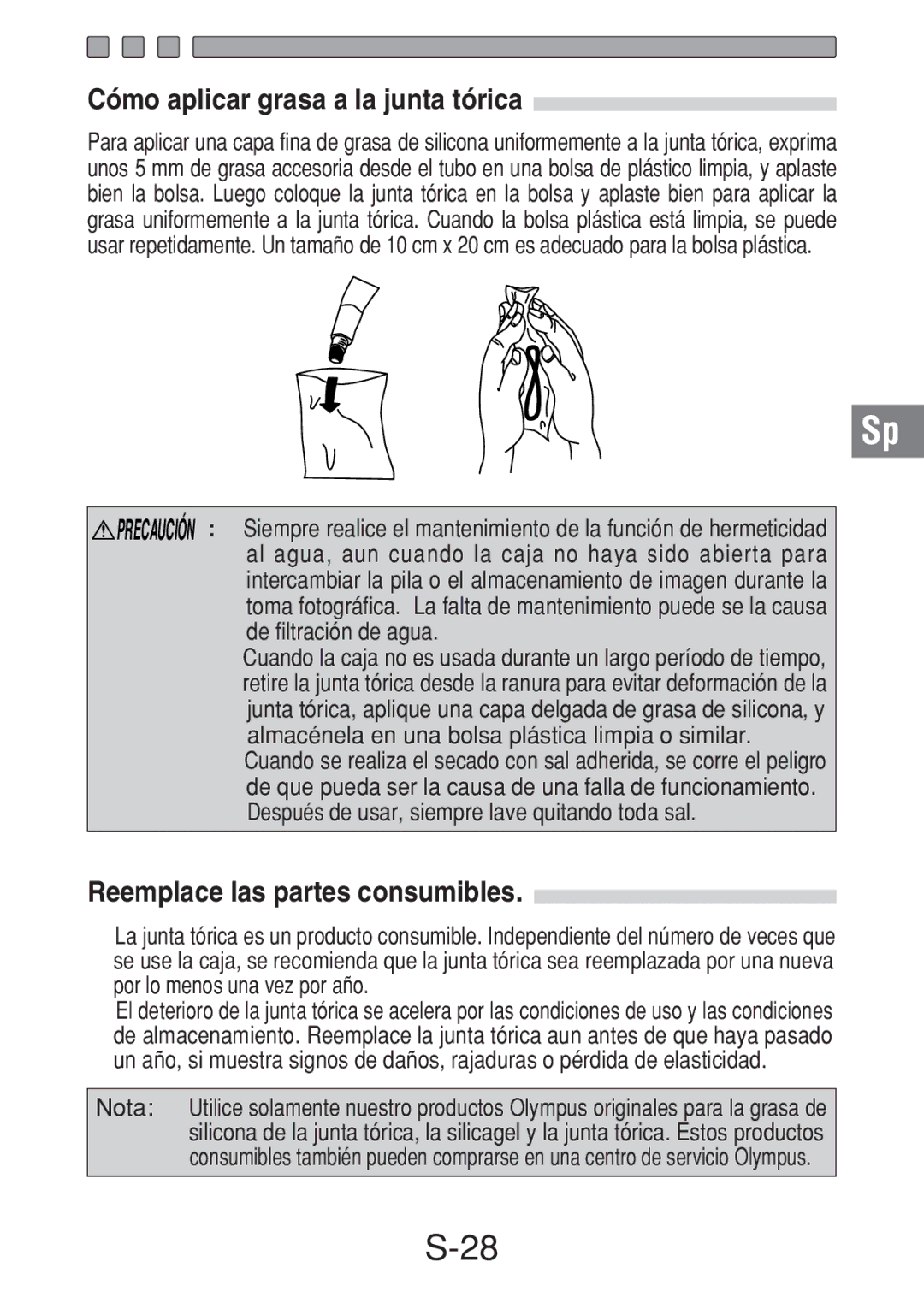 Olympus PT-016 manual Cómo aplicar grasa a la junta tórica, Reemplace las partes consumibles 