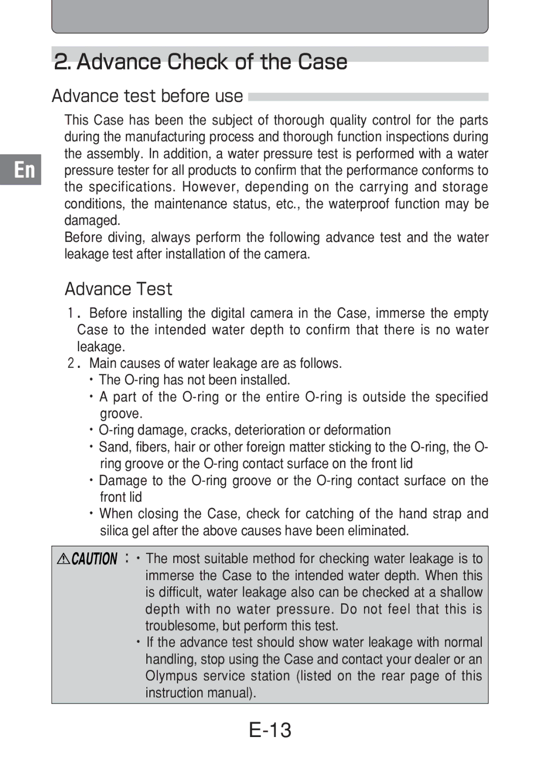 Olympus PT-016 manual Advance test before use, Advance Test 