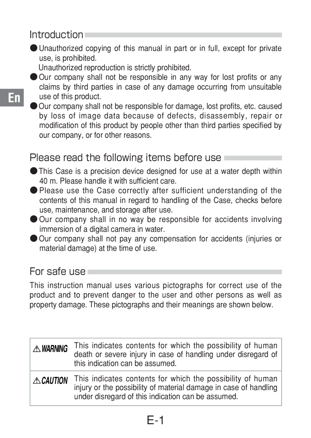 Olympus PT-016 manual Introduction, Please read the following items before use, For safe use 