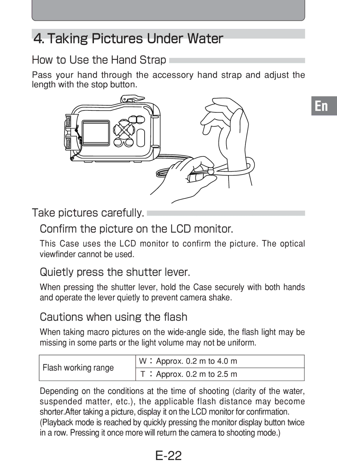 Olympus PT-016 manual How to Use the Hand Strap, Quietly press the shutter lever 