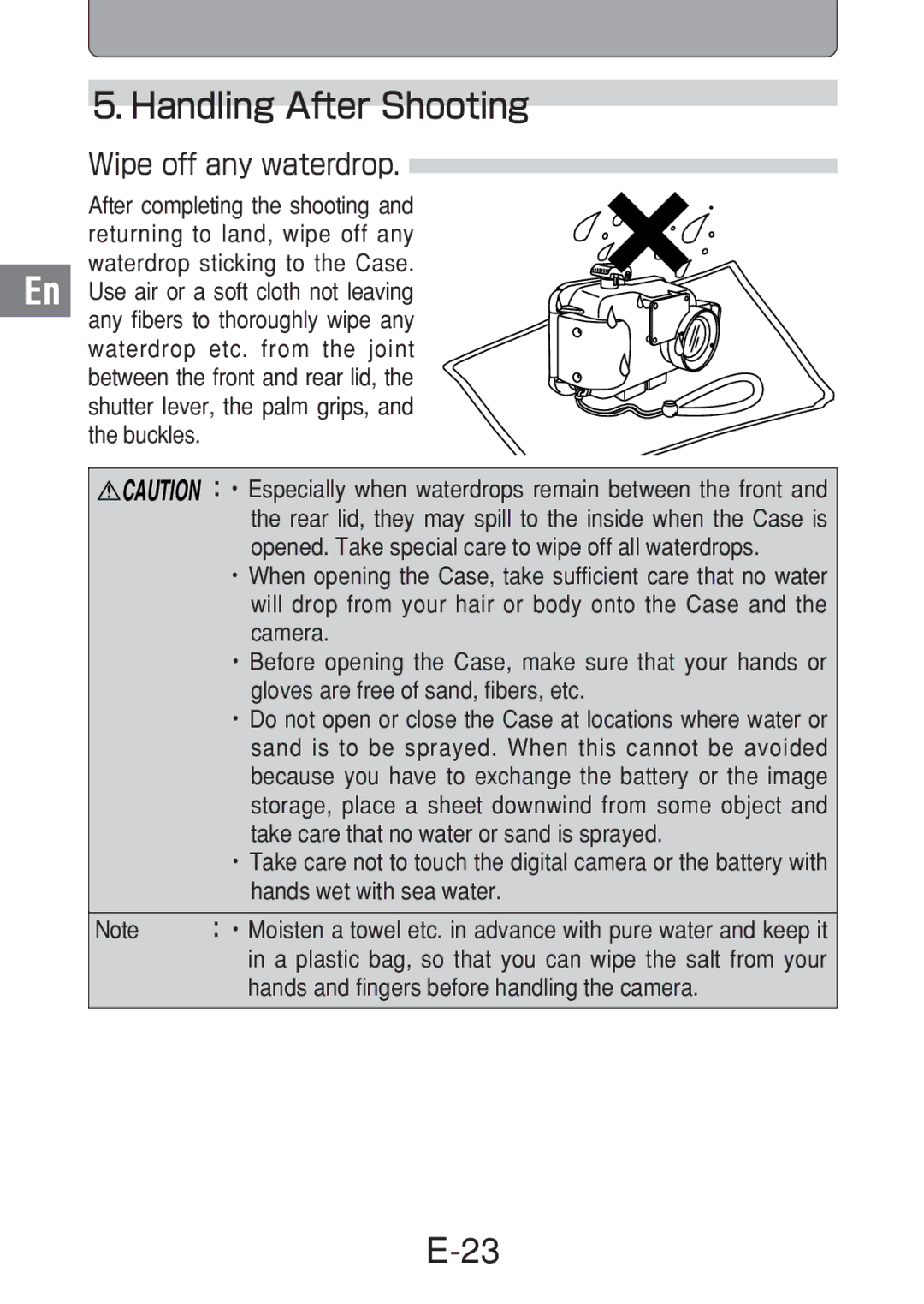 Olympus PT-016 manual Handling After Shooting, Wipe off any waterdrop 