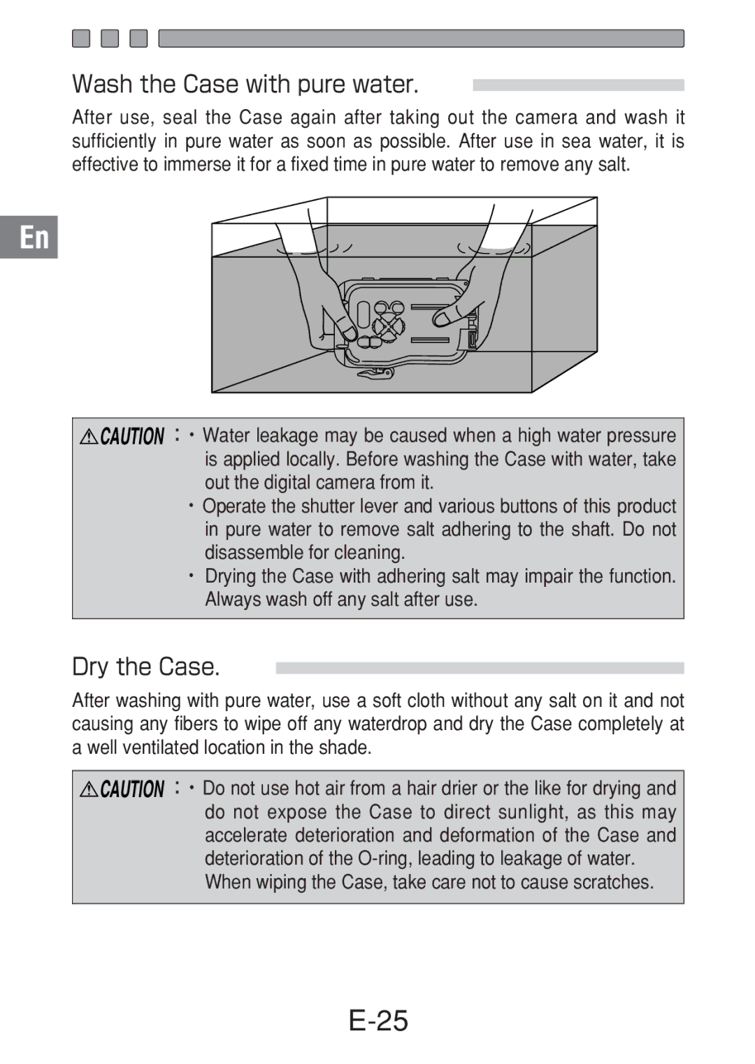 Olympus PT-016 manual Wash the Case with pure water, Dry the Case 