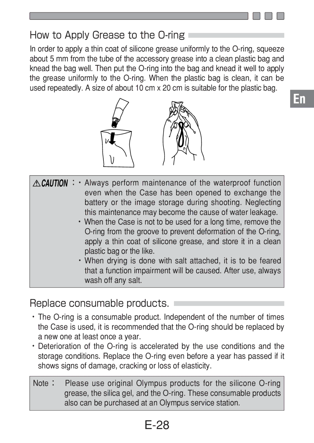 Olympus PT-016 manual How to Apply Grease to the O-ring, Replace consumable products 