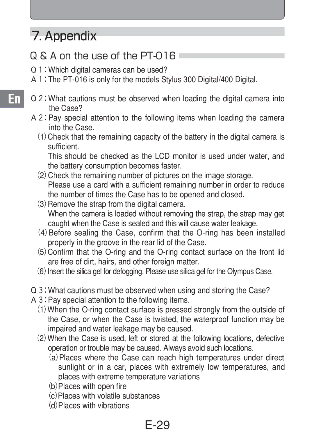 Olympus manual Appendix, On the use of the PT-016 